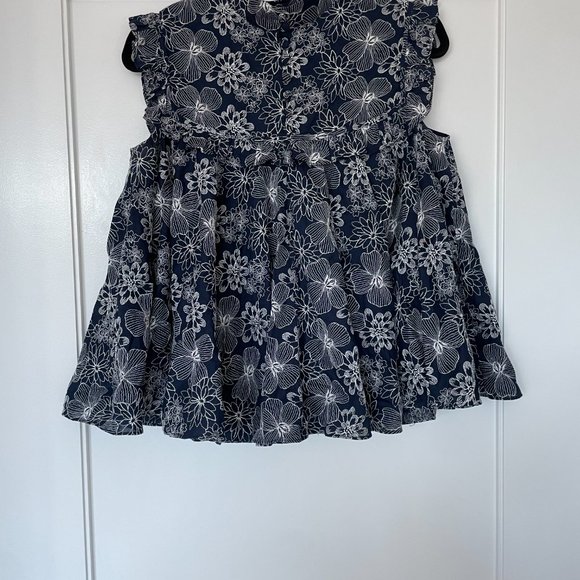 CO Women's Ruffle Top Navy Sleeveless Peplum Embroidered Floral Japanese Fabric - Picture 1 of 5